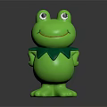 Green Cartoon Frog Toy with Big Eyes Smiling and Leaf Collar Standing on Dark Background