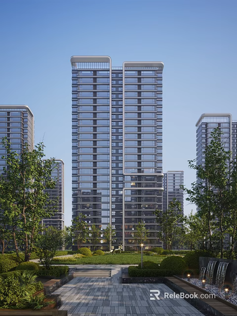 Modern High Rise Residential Building With Glass Curtain Walls And Surrounding Greenery 3d model 