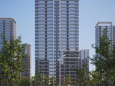 Modern High Rise Residential Building With Glass Curtain Walls And Surrounding Greenery 3d model