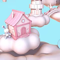 Cartoon Fantasy Scene With Rainbow Castle Floating Clouds Hot Air Balloons And Bunny