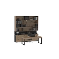 Wooden Home Office Desk With Bookshelf Books Decor And Laptop Setup