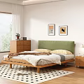Wooden Double Bed with Green Headboard White Quilt Brown Blanket and Yellow Pillows