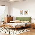 Japanese-style double bed log wind double bed solid wood double bed bedside table 3d model