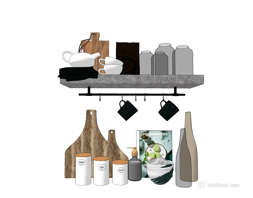 Stylish Kitchenware Display With Wooden Cutting Boards Hanging Mugs Glass Jars And Ceramic Bowl 3d model 