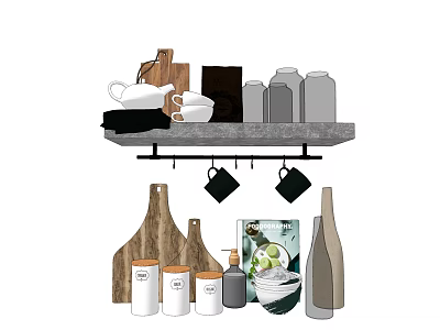 Stylish Kitchenware Display With Wooden Cutting Boards Hanging Mugs Glass Jars And Ceramic Bowl 3d model