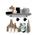 Stylish Kitchenware Display With Wooden Cutting Boards Hanging Mugs Glass Jars And Ceramic Bowl