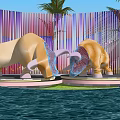 Two Metallic Bull Shaped Sculptures With Purple Pink Striped Background Circular Platforms And Water Reflections