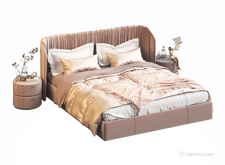 Elegant Modern Double Bed With Upholstered Headboard Soft Bedding And Nightstands 3d model
