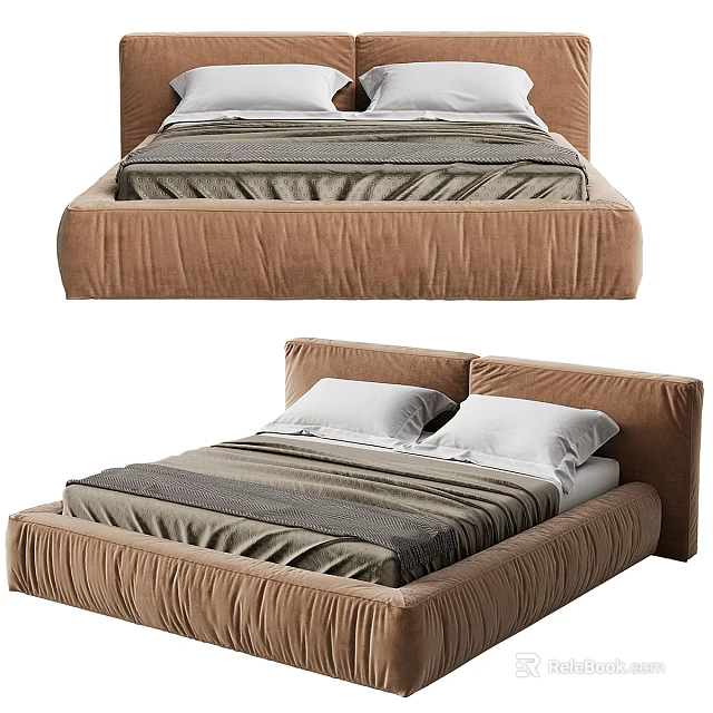 Modern Upholstered Double Bed With Brown Frame Striped Bedding And White Pillows 3d model