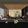 Modern Living Room Interior With Wooden Ceiling Beams Arched Divider Sofa And Patterned Rug