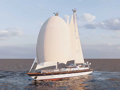 Modern Sailboat With White Sails Sailing On Open Sea Under Clear Blue Sky 3d model