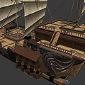 Ancient Style Wooden Ship With Multiple White Sails And Ornate Carvings