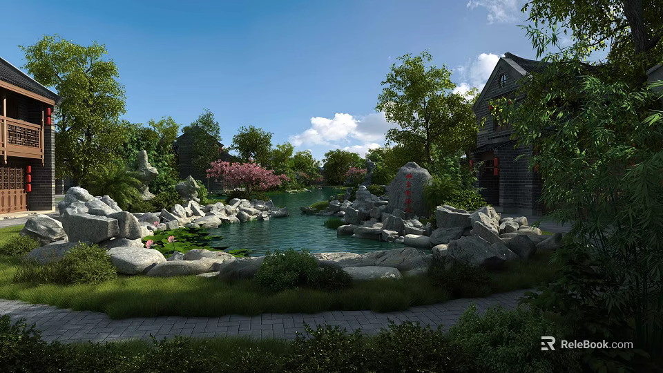 Classical Chinese Garden Landscape Featuring Pond Rocks Flowering Trees And Traditional Architecture 3d model 