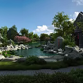 Classical Chinese Garden Landscape Featuring Pond Rocks Flowering Trees And Traditional Architecture