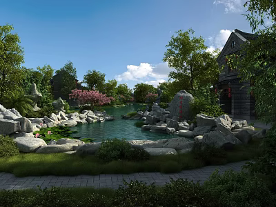 Classical Chinese Garden Landscape Featuring Pond Rocks Flowering Trees And Traditional Architecture 3d model