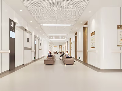 Bright Hospital Outpatient Clinic Corridor Featuring Waiting Sofa Seating And Clinic Number Signs 3d model