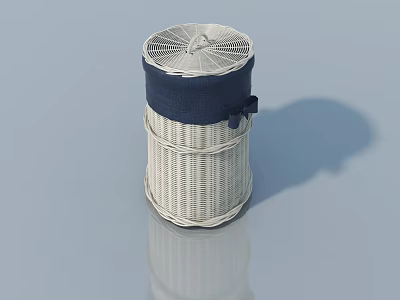 Woven Rattan Cylindrical Storage Cabinet With Hinged Door And Blue Trim 3d model