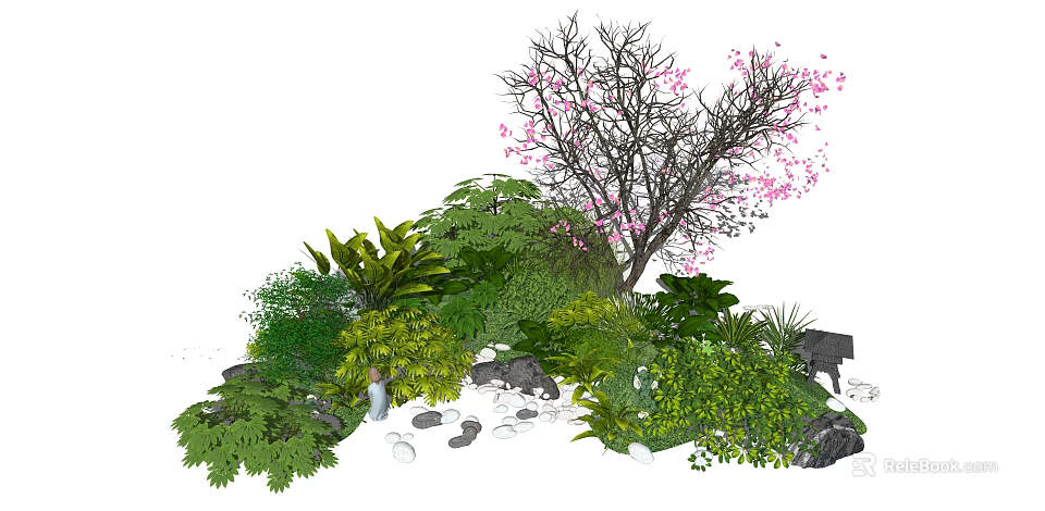 Lush Garden Shrubs With Green Ferns Pink Flowering Tree And Decorative Stones 3d model 