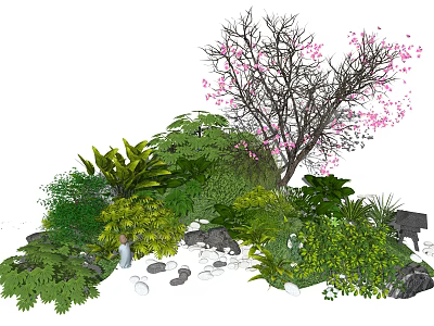 Lush Garden Shrubs With Green Ferns Pink Flowering Tree And Decorative Stones 3d model