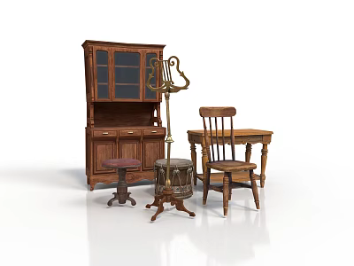 Classic Wooden Home Interior With Vintage Cabinet Dining Table Chair And Coat Rack 3d model