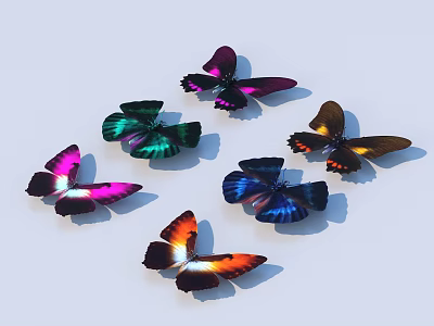 Colorful Butterflies with Iridescent Wings Displaying Various Hues on Light Background 3d model