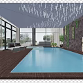 Modern Indoor Swimming Pool With Wooden Flooring Large Windows Green Wall Decorative Ceiling Seating Area
