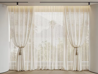 Sheer Light Beige Linen Window Curtains For Bright Modern Room With Outdoor View 3d model