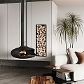 Modern Black Suspended Fireplace With Wood Storage Compartment White Sofa And Palm Plant