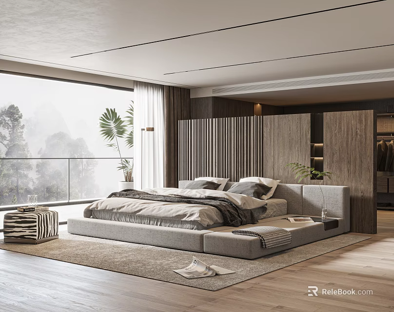 Modern Bedroom Interior Design With Large Window Scenic View Grey Bed And Wooden Elements 3d model 