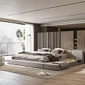 Modern Bedroom Interior Design With Large Window Scenic View Grey Bed And Wooden Elements