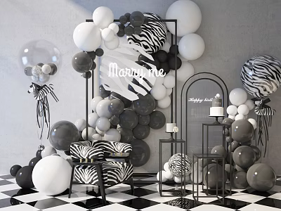 Mommy to Be Party Decor With Zebra Print Balloons Gray White Frame And Checkerboard Floor 3d model