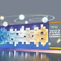 2022 Asia International Summit Display Wall With Blue Background Square Panels And Circular Light Rings