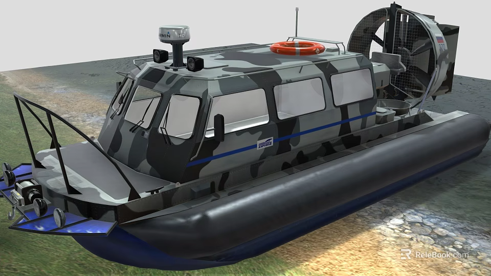 Camouflage Yacht With Black Hull Orange Lifebuoy Side Propellers And Cabin Windows 3d model 