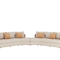 Modern Curved Beige Sectional Sofa With Tan Throw Pillows And Brown Armrests 3d model
