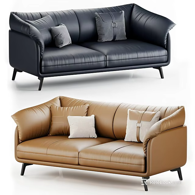 Modern Leather Leisure Sofa in Black and Brown with Decorative Cushions 3d model 