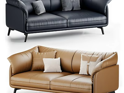 Modern Leather Leisure Sofa in Black and Brown with Decorative Cushions 3d model