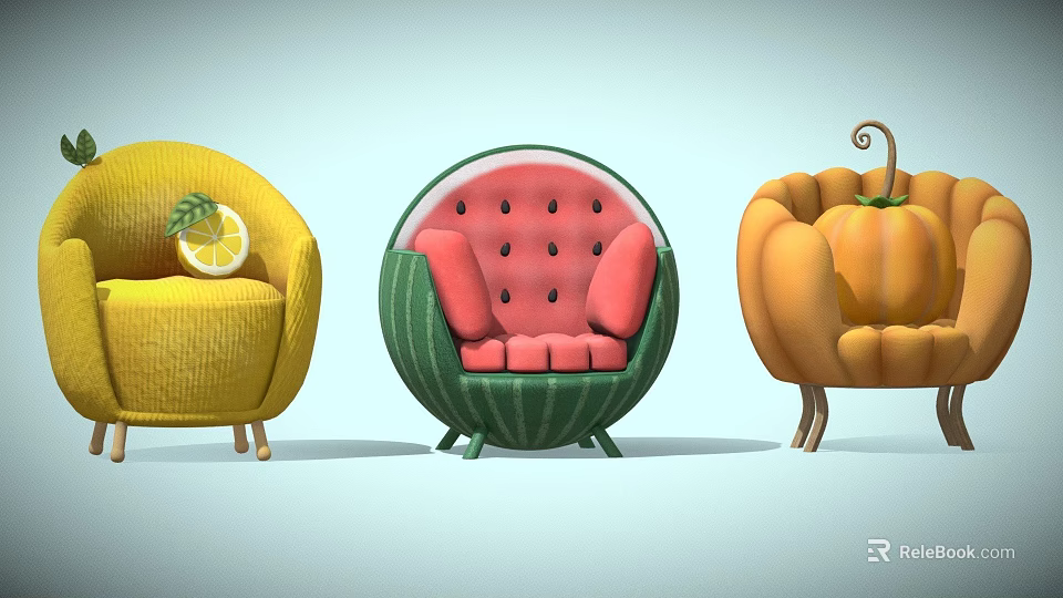 Creative Fruit Vegetable Shaped Armchairs Including Lemon Watermelon Pumpkin Designs with Yellow Green Orange Hues 3d model 