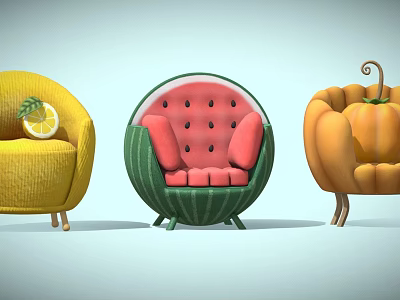 Creative Fruit Vegetable Shaped Armchairs Including Lemon Watermelon Pumpkin Designs with Yellow Green Orange Hues 3d model