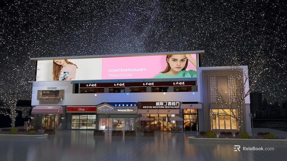 Contemporary Commercial Street With Large Fashion Billboard Modern Storefronts And Starlit Night Lighting 3d model 