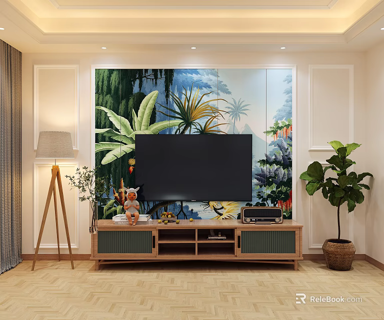 Vibrant Living Room TV Background Wall with Tropical Plant Design Wooden Stand and Decorations 3d model 