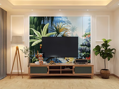Vibrant Living Room TV Background Wall with Tropical Plant Design Wooden Stand and Decorations 3d model
