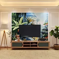 Vibrant Living Room TV Background Wall with Tropical Plant Design Wooden Stand and Decorations