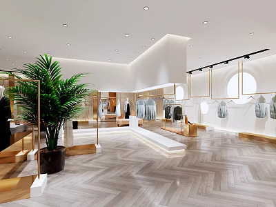 Modern Clothing Store Interior With Green Plant Arched Window And Clothing Displays 3d model