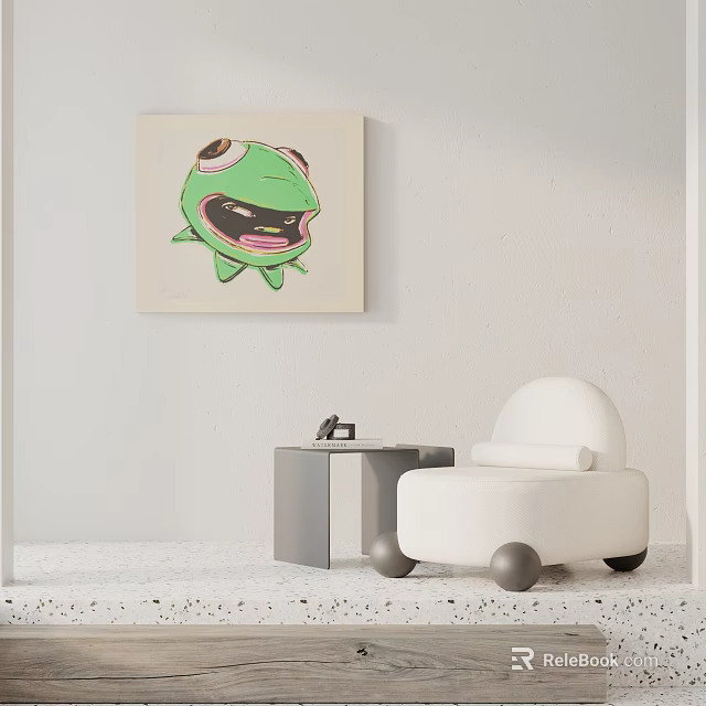 White Single Seater Sofa with Gray Side Table and Green Cartoon Frog Wall Art 3d model 
