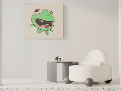 White Single Seater Sofa with Gray Side Table and Green Cartoon Frog Wall Art 3d model