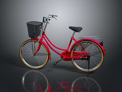 Red Bicycle With Black Front Basket Black Seat And Gold Rims On Reflective Surface 3d model