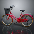 Red Bicycle With Black Front Basket Black Seat And Gold Rims On Reflective Surface