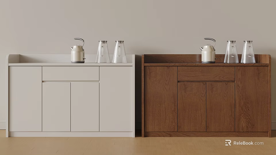 White and Brown Wooden Sideboard with Kettle and Glass Jars on Top 3d model 