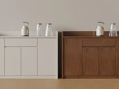 White and Brown Wooden Sideboard with Kettle and Glass Jars on Top 3d model