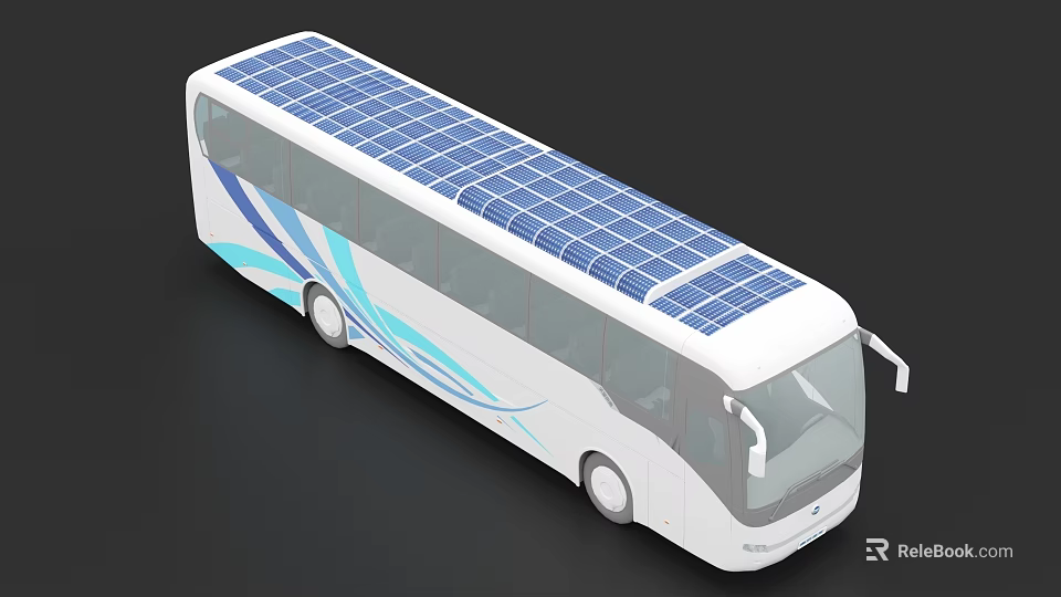 Solar Powered White Bus with Blue Wave Patterns and Roof Solar Panels 3d model